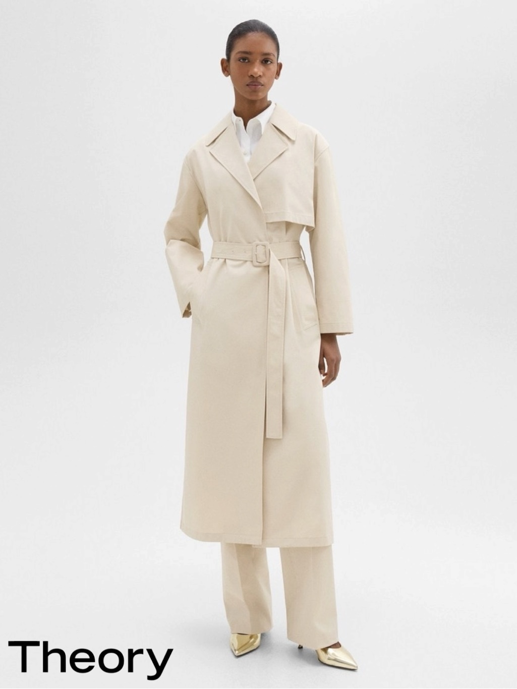 Theory **Nwt** Patton Stretch Organic Cotton Belted Wrap Trench Coat In Sand